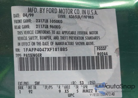 1999 Ford Mustang из США, поврежденный, VIN 1FAFP4047XF181885